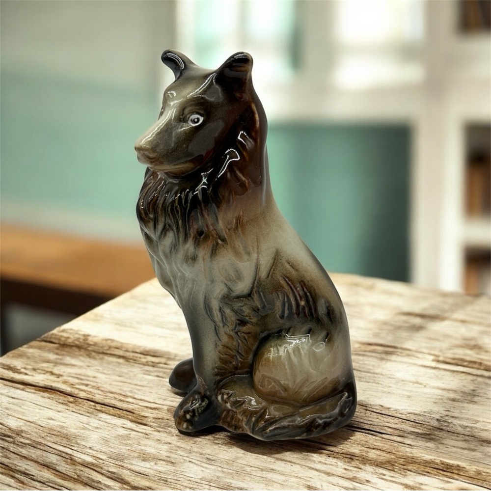 Rough Collie Dog Figure Brown Ceramic Handcrafted 7" figure made in Brazil
